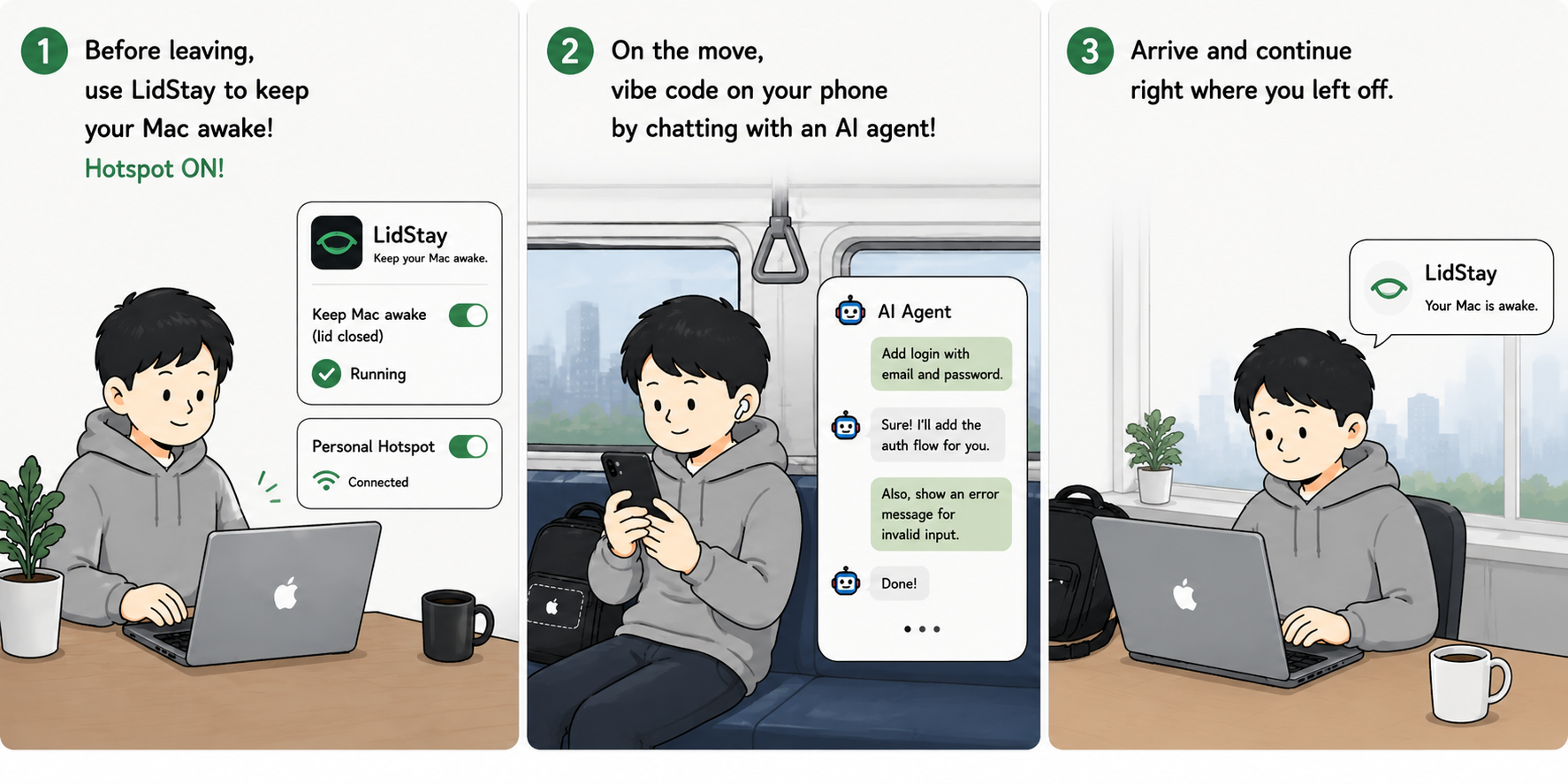 Use LidStay before leaving, keep coding from your phone, then resume on your Mac.